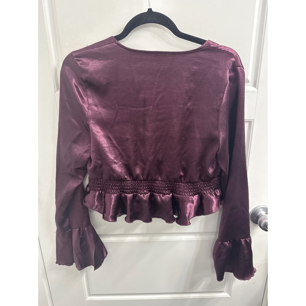 Intimately Free People Satin Crop Top Eggplant Purple Smocked Bell Sleeve Small - Picture 3 of 3